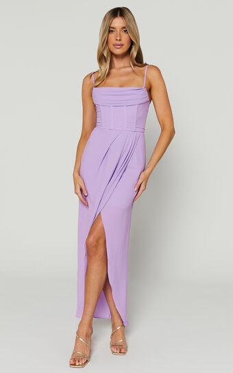 Andrina Midi Dress - High Low Wrap Corset Dress in Lilac Product Image
