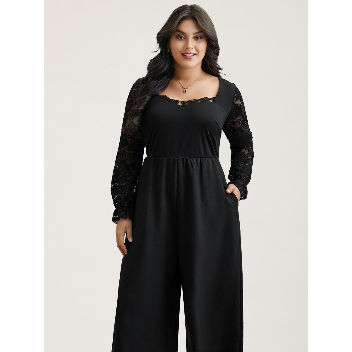 Plus Size Black Lace Sheer Sleeve Flared Jumpsuit Women Elegant Extra Long Sleeve Heart neckline Elegant Loose Jumpsuits BloomChic 10/M Product Image