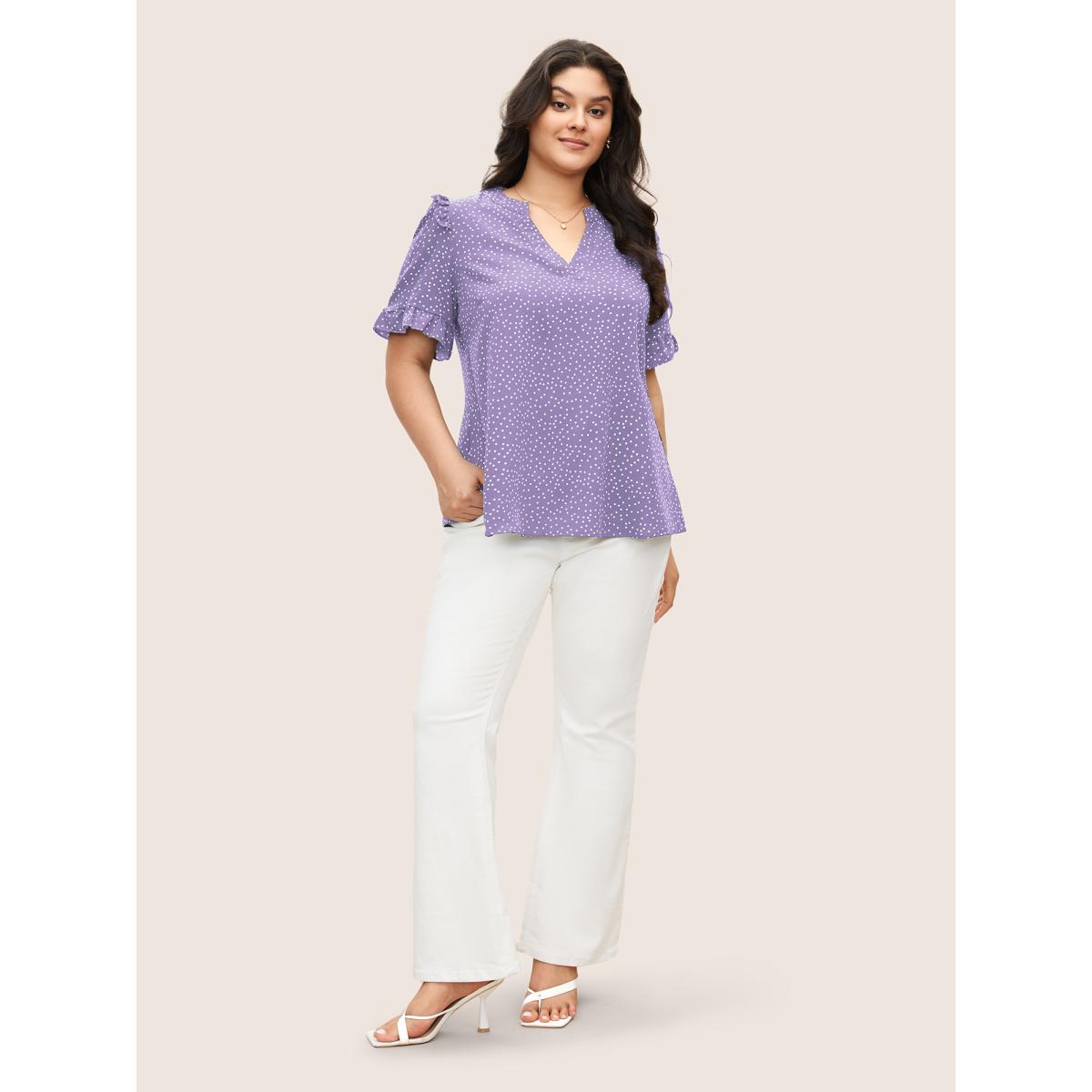 Polka Dot Ruffles Plus Size Women Blouses Elegance Casual Ruffles Ruffle Sleeve Short Sleeve V Neck Dailywear Blouses BloomChic Product Image