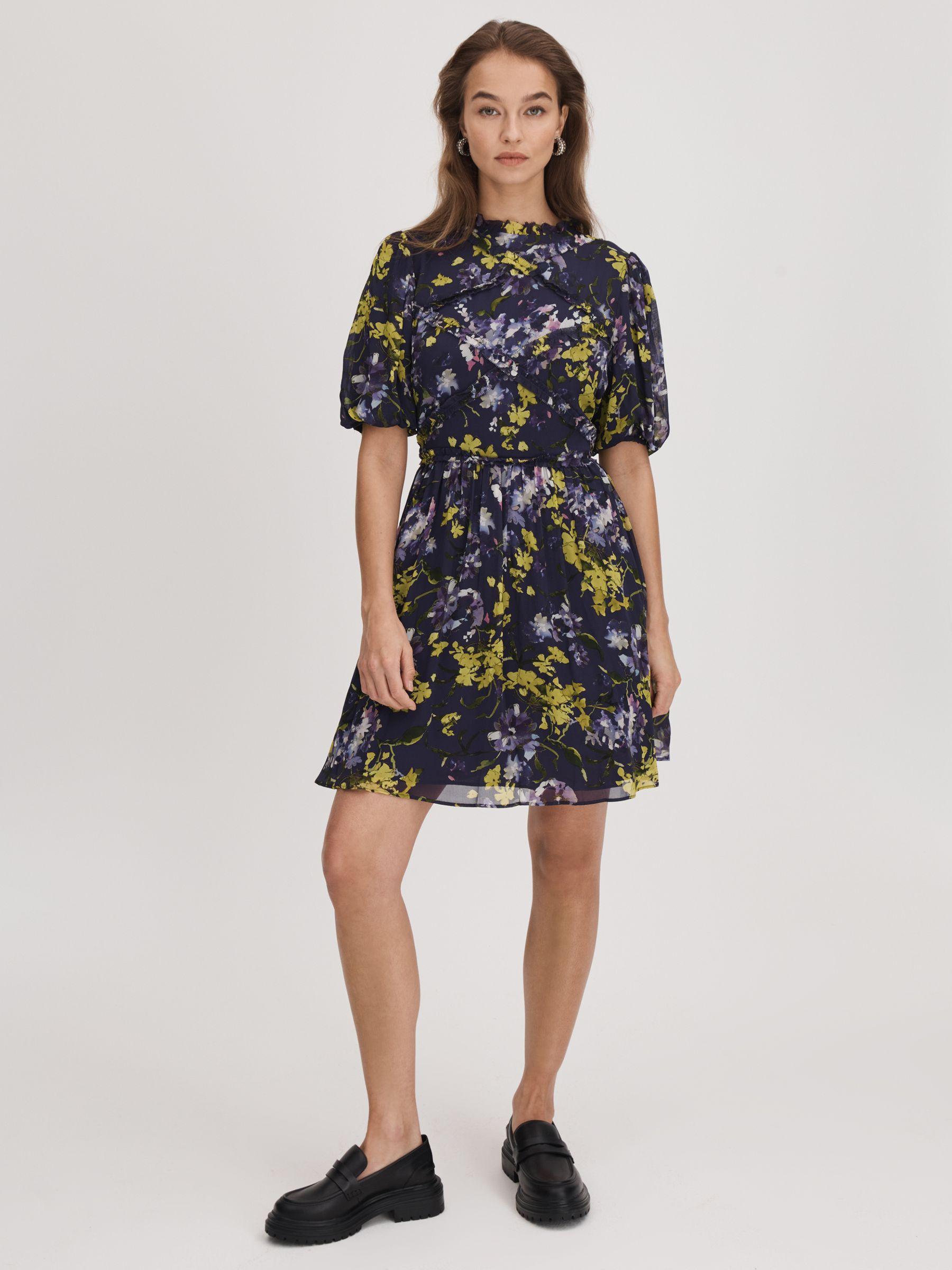 Florere Printed Puff Sleeve Mini Dress in Dark Purple Product Image