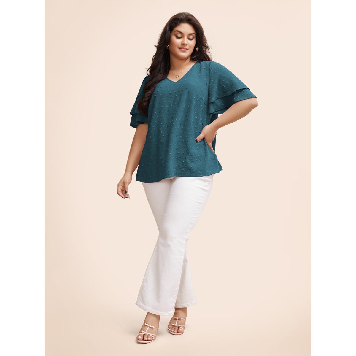 Plus Size Cerulean Plain Ruffle Tiered Sleeve V Neck Polka Dot Blouse Women Timeless Short sleeve V-neck Elegant Blouses BloomChic 26/4X Product Image