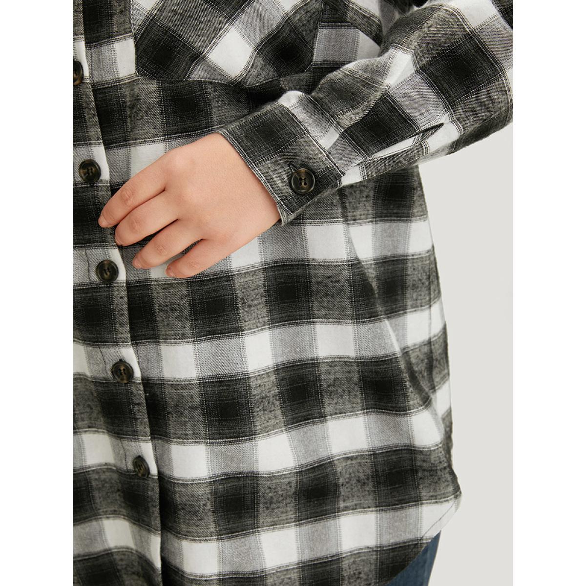 Plus Size Plaid Arc Hem Pocket Button Through Shirt Collar Coat Women Black Casual Arc Hem Ladies Dailywear Winter Coats BloomChic 14-16/1X Product Image