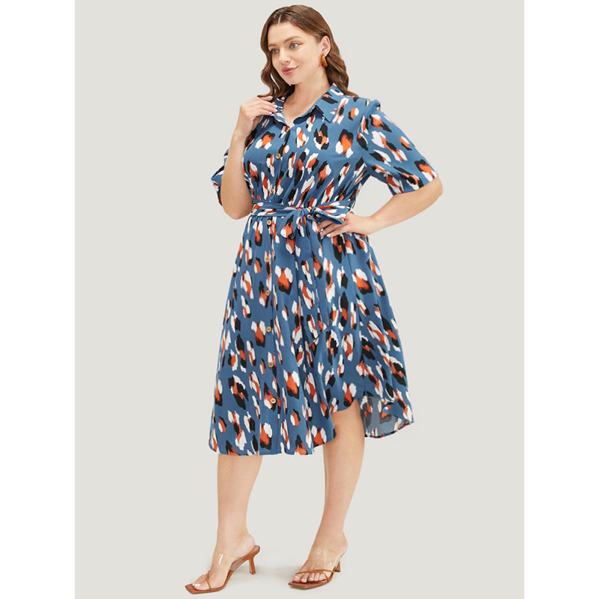 Plus Size Allover Print Button Detail Pocket Belted Arc Hem Dress Stone Women Office Cross straps Shirt collar Short sleeve Curvy Midi Dress BloomChic 10/M Product Image