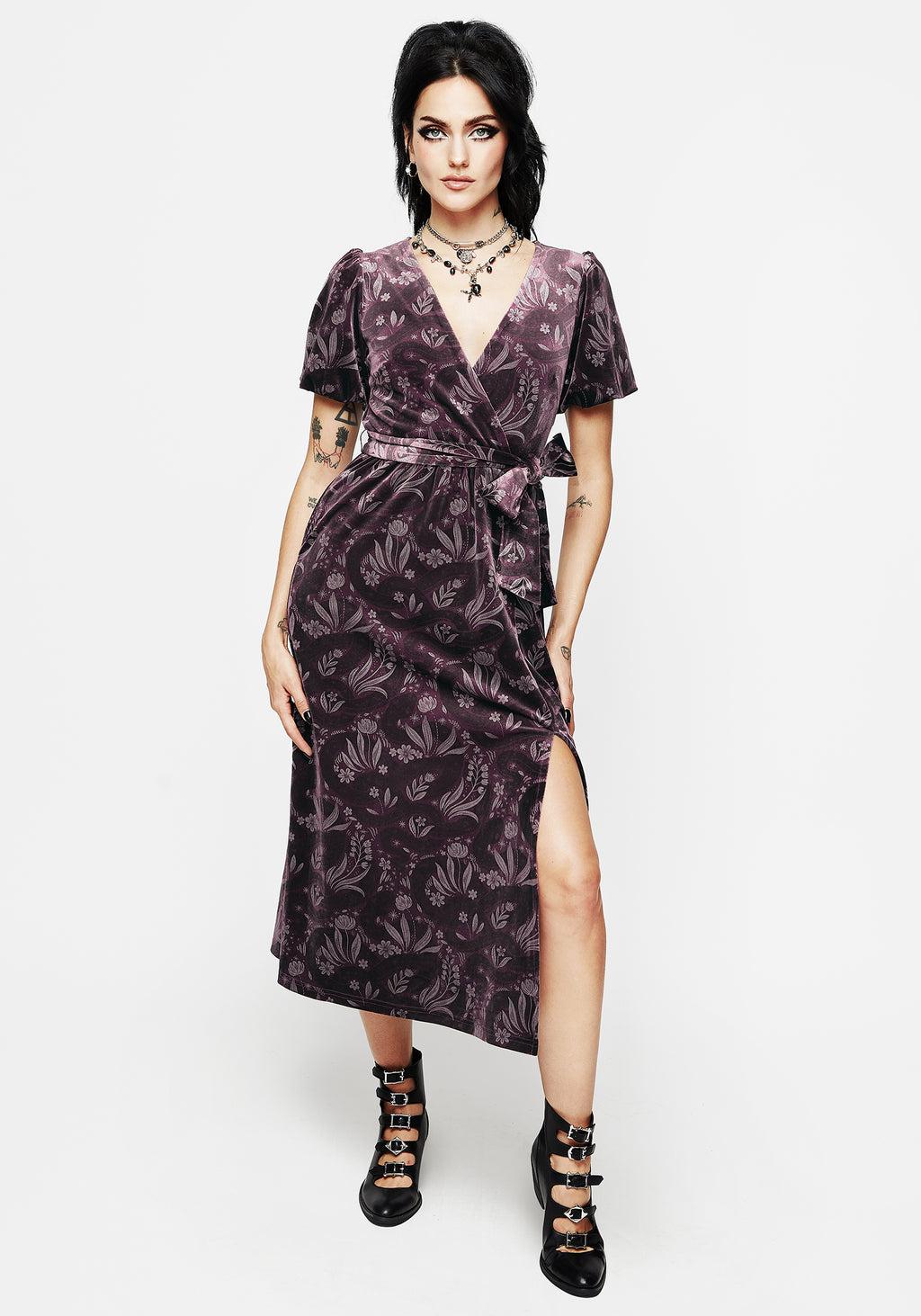 Deception Snake Foil Print Velour Midi Wrap Dress Product Image