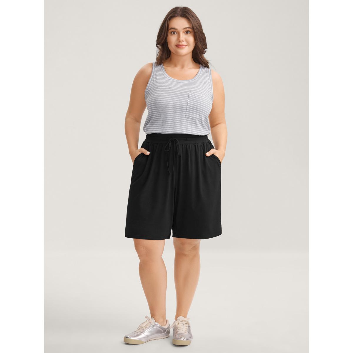 Plus Size Stretchy Slit Drawstring Straight-Leg Shorts Women Black Leisure Drawstring Straight Leg Casual Shorts BloomChic 30/6X Product Image