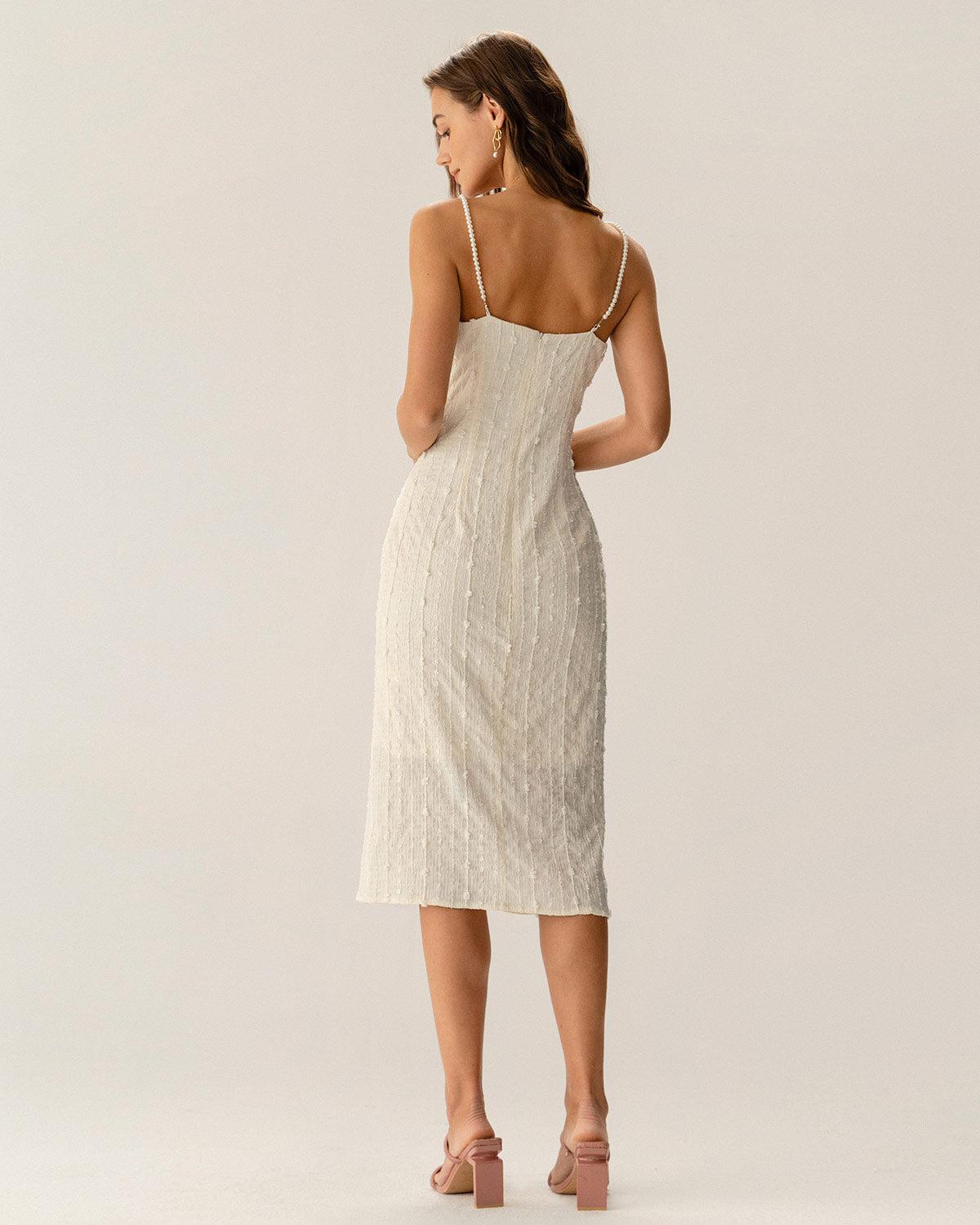 Beige Textured Beaded Slip Midi Dress Product Image