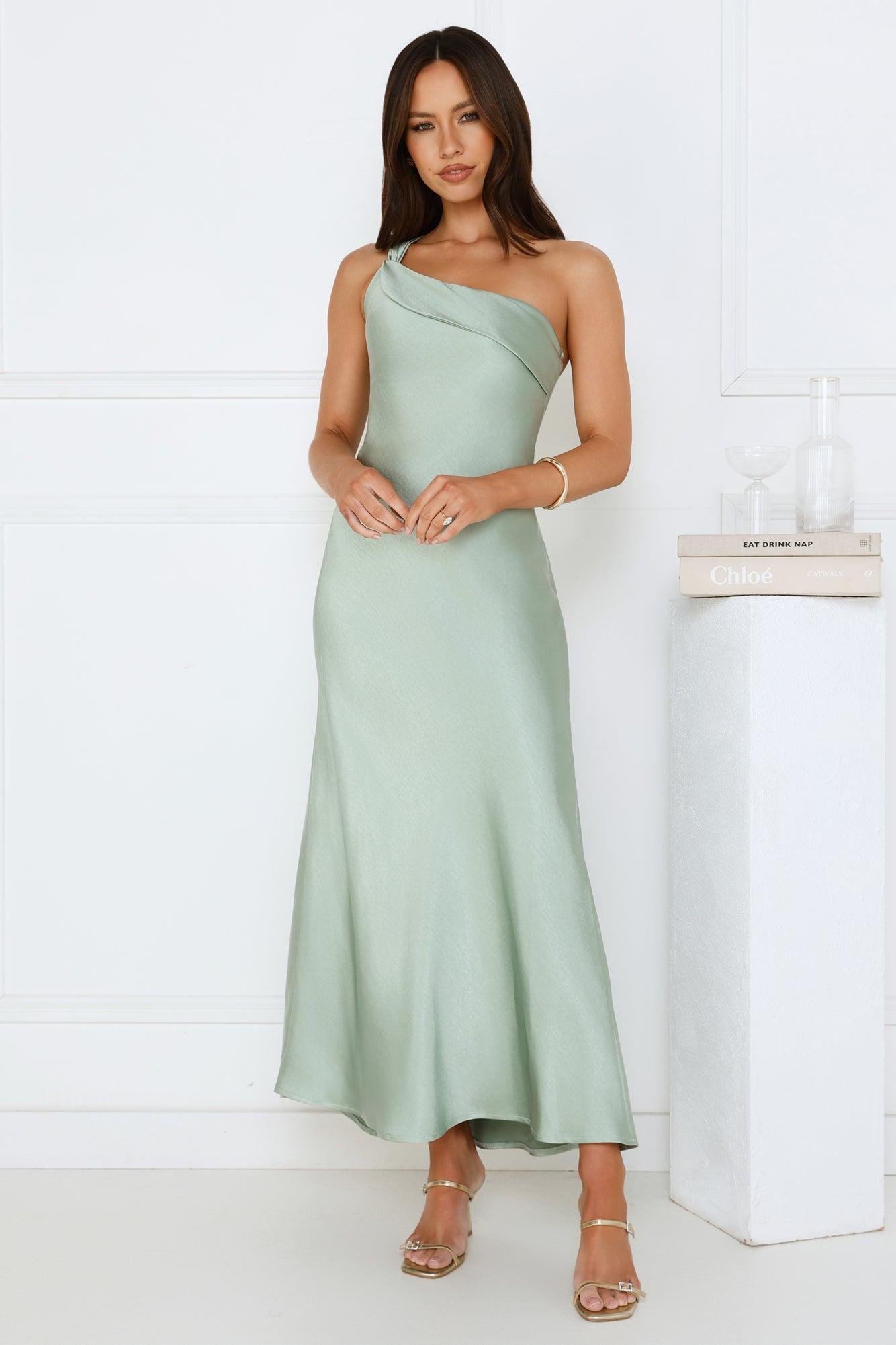 Romantic Tales Satin One Shoulder Maxi Dress Sage Product Image