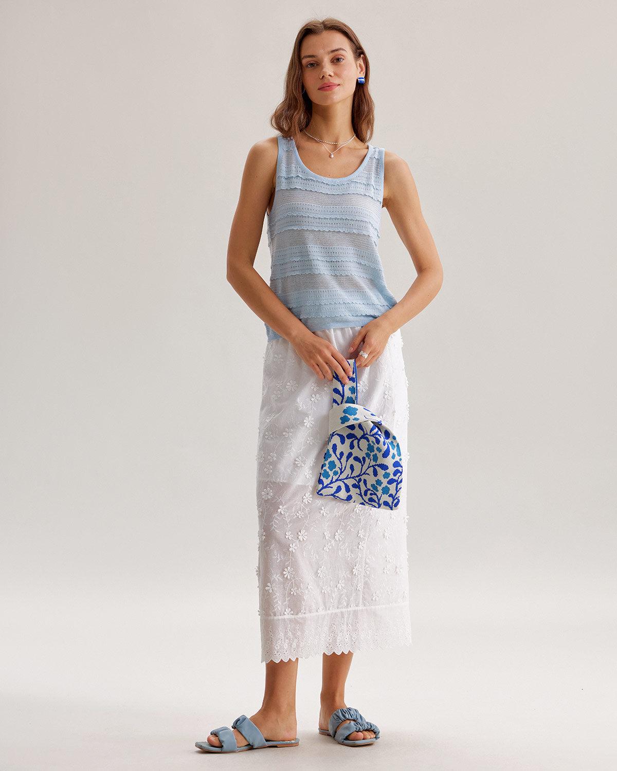 Blue Scoop Neck Crochet Tank Top Product Image