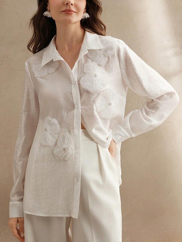 Long Sleeves Applique Split-Joint Lapel Blouses&Shirts Tops Product Image