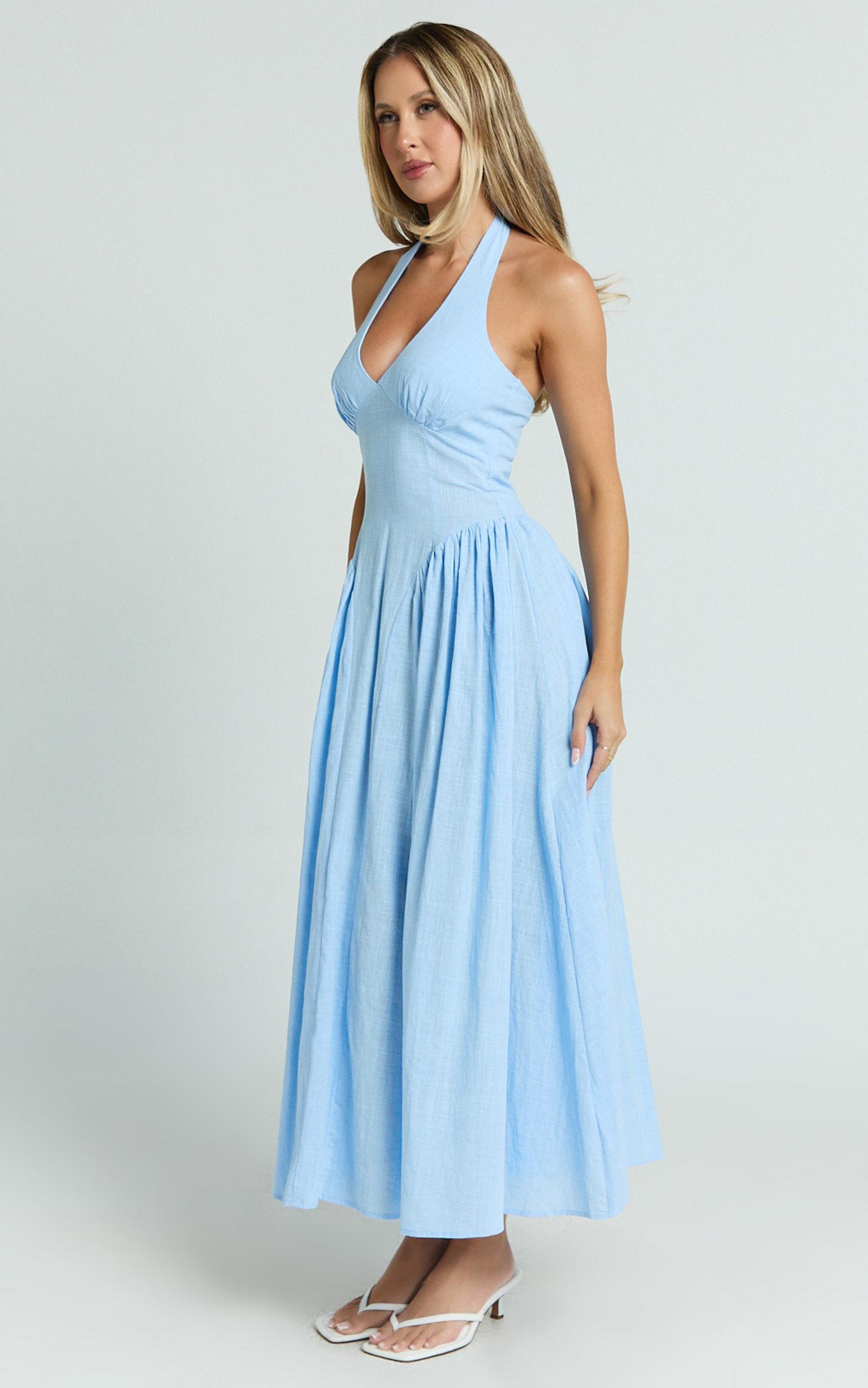 Athena Midi Dress - Halter Drop Waist Dress in Blue Product Image
