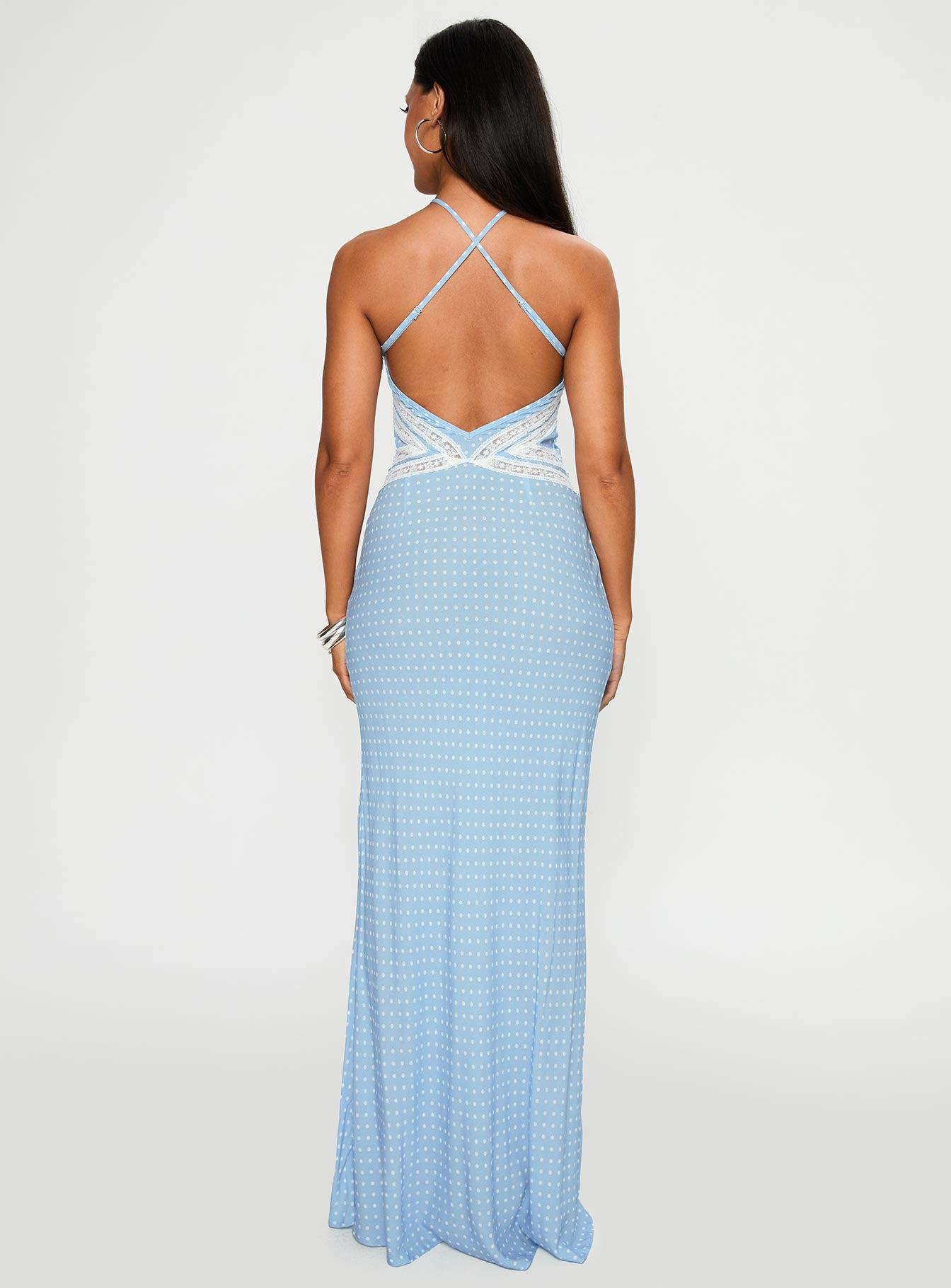 Wild Joy Halter Maxi Dress Blue Polka Product Image
