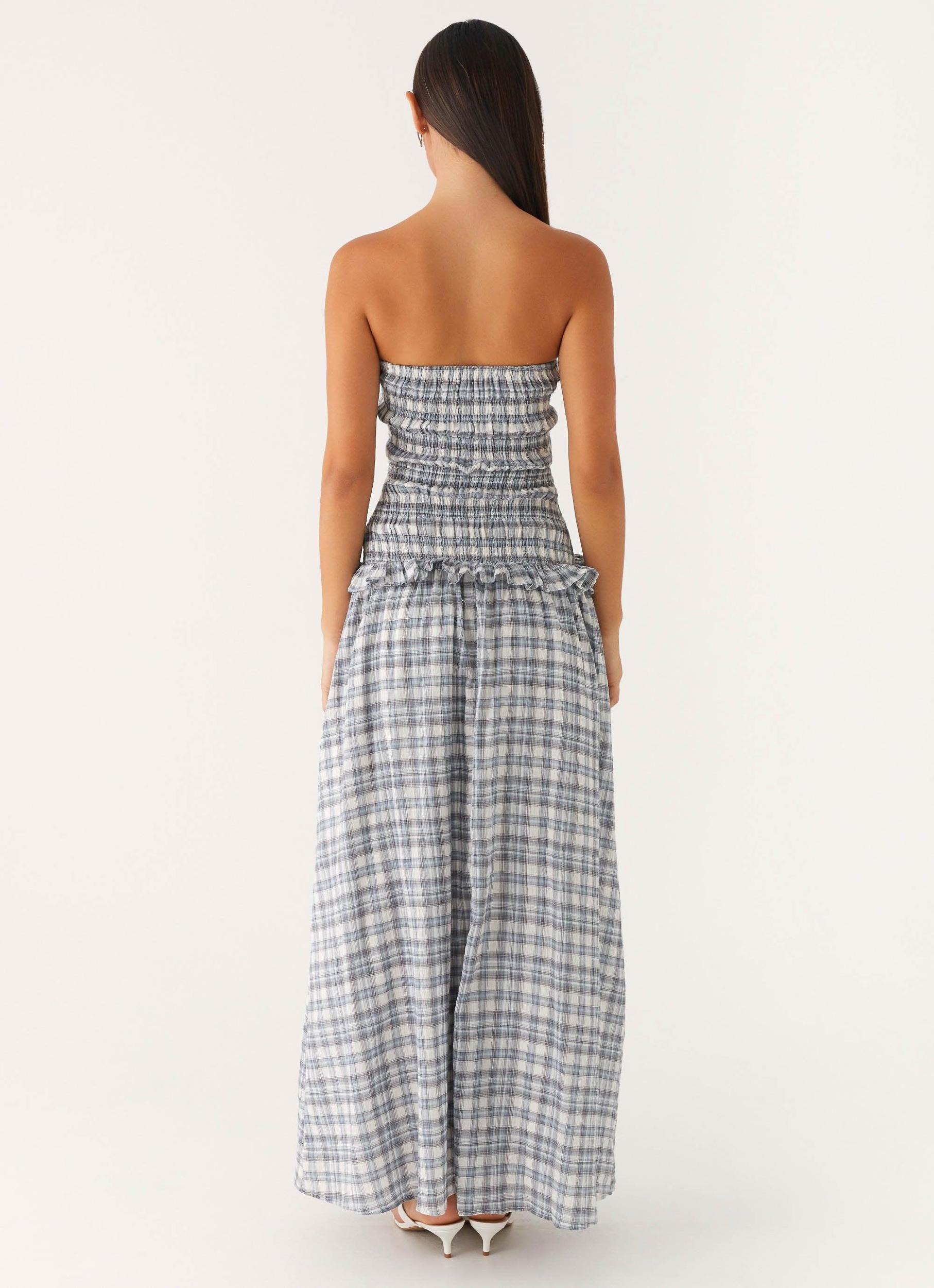 Malia Shirred Maxi Dress - Blue Grey Check Product Image
