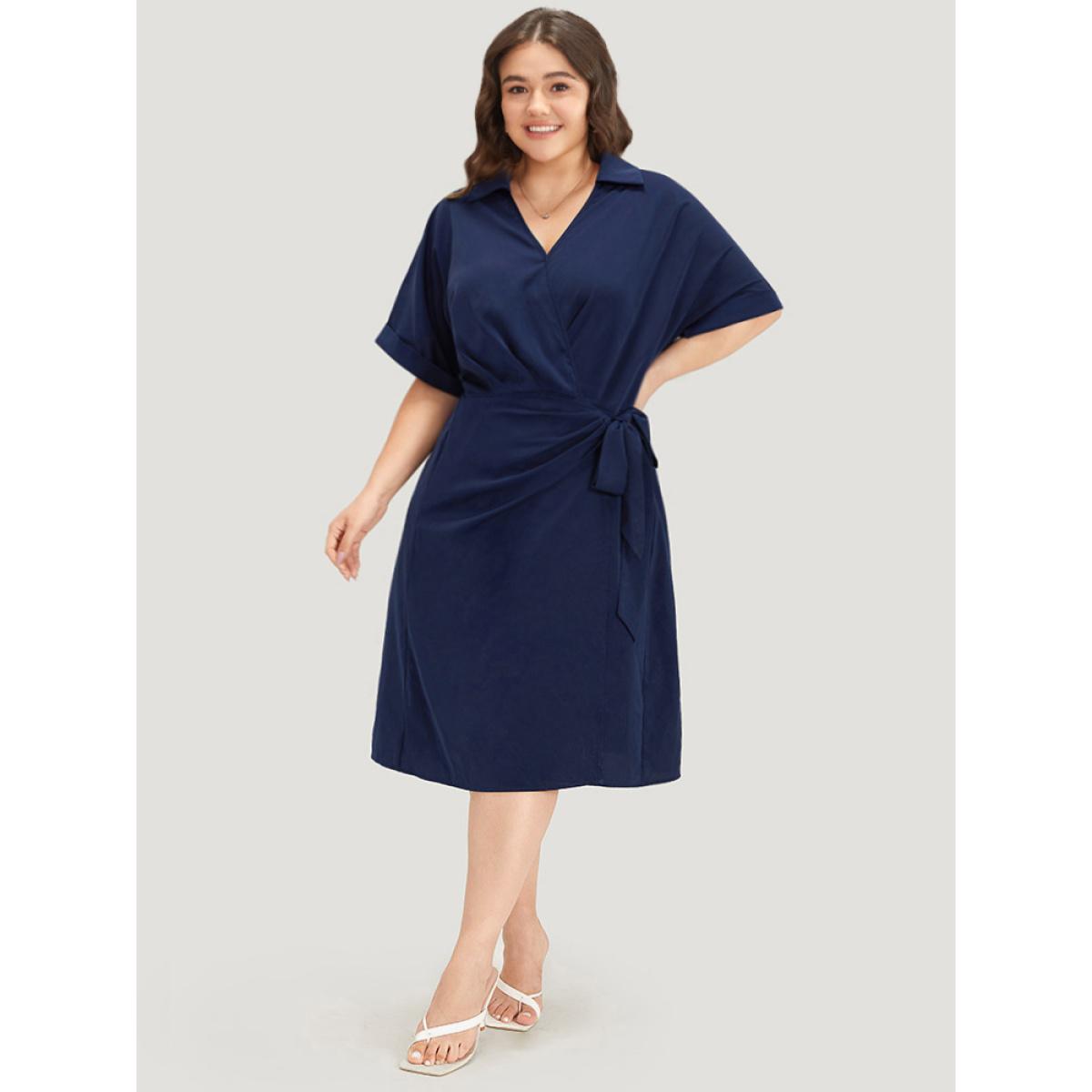 Plus Size Shirt Collar Split Hem Wrap Pocket Knot Gathered Dress DarkBlue Women Elegant Wrap Shirt collar Half Sleeve Curvy Midi Dress BloomChic 10/M Product Image