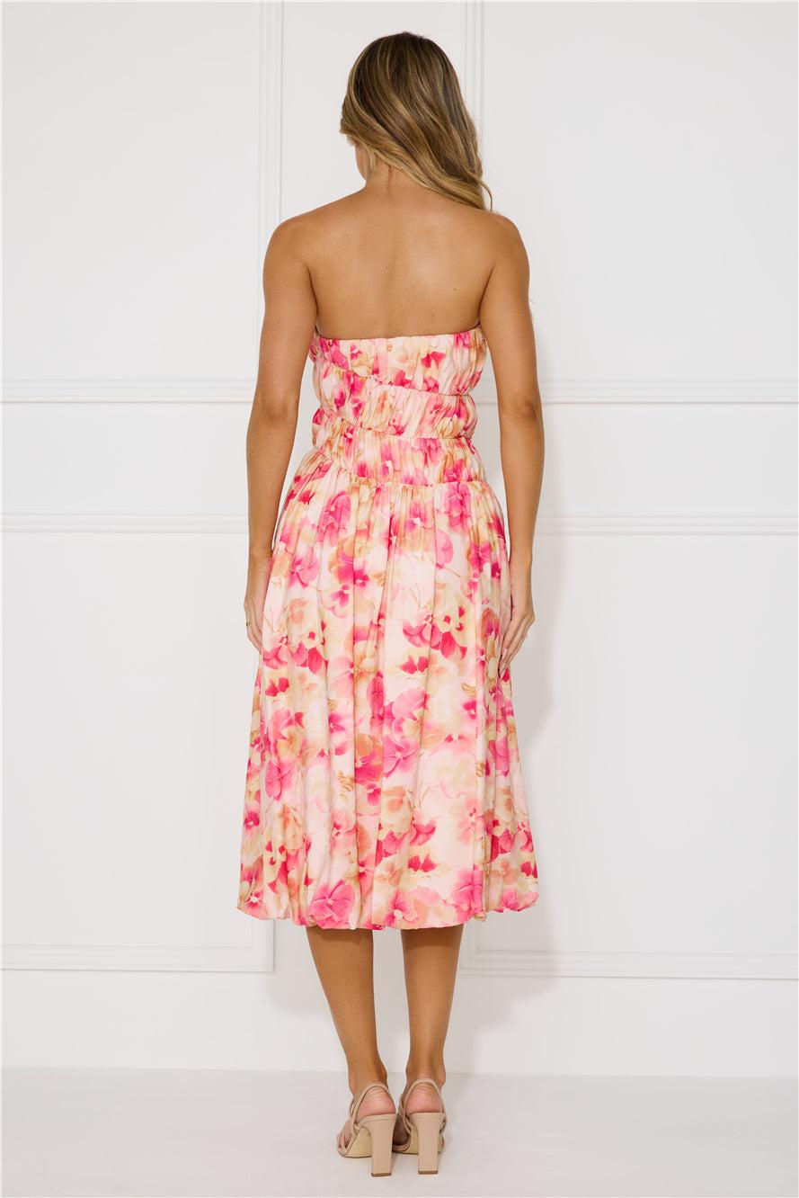 Romance Movie Strapless Bubble Midi Dress Pink Product Image