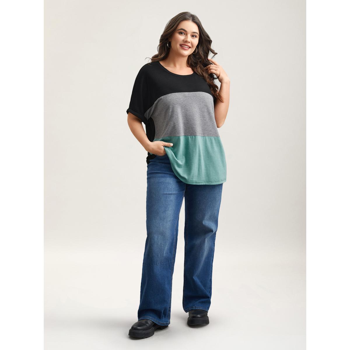 Plus Size Color Block Dolman Sleeve T-Shirt Multicolor Women Leisure Belted Round Neck Casual T-shirts BloomChic 28/5X Product Image