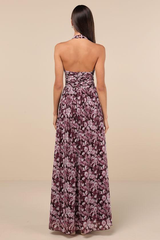 Illustrious Aura Plum Purple Floral Pleated Halter Maxi Dress Product Image