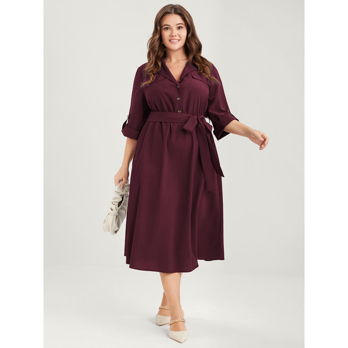 Plus Size Plain Button Cuffed Sleeve Pocket Belted Lapel Collar Dress Burgundy Women Office Belted Lapel Collar Elbow-length sleeve Curvy Midi Dress BloomChic 18-20/2X Product Image