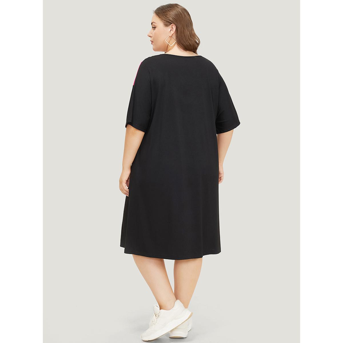 Plus Size Supersoft Essentials Leopard Contrast Batwing Sleeve Pocket Split Hem Dress Black Women Casual Plain V-neck Half Sleeve Curvy Midi Dress BloomChic 14-16/1X Product Image