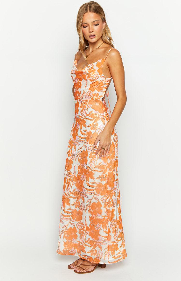 Cambri Orange Floral Chiffon Maxi Dress Product Image