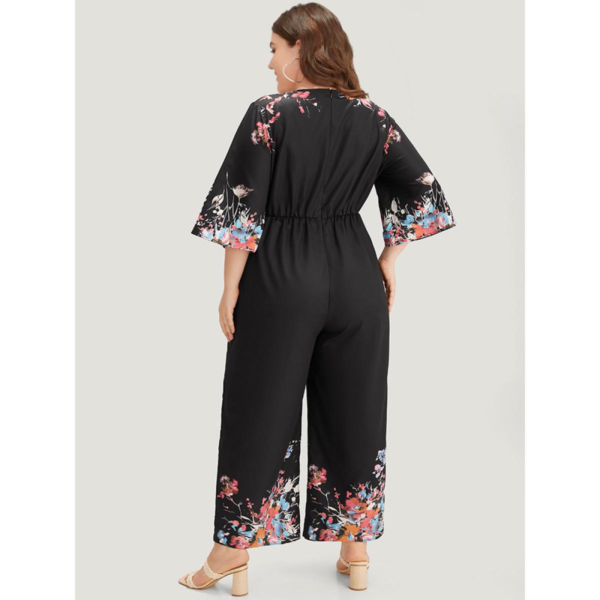 Plus Size Black Boho Print Drawstring Pocket Flutter Sleeve Jumpsuit Women Elegant Elbow-length sleeve V-neck Everyday Loose Jumpsuits BloomChic 10/M Product Image