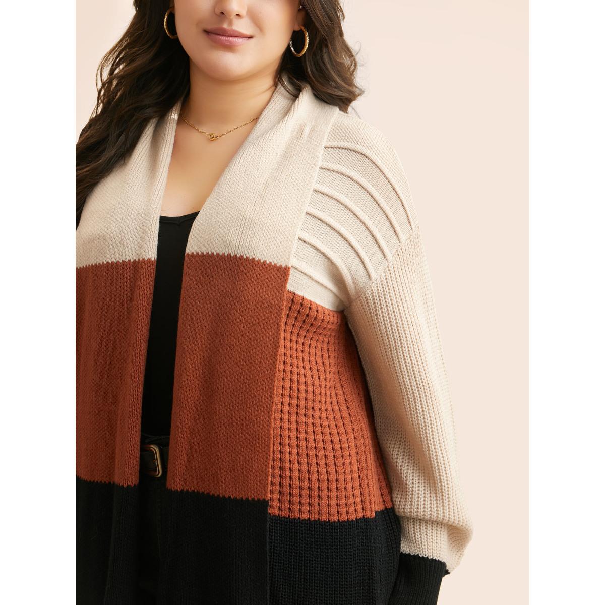 Plus Size Colorblock Contrast Lapel Collar Texture Cardigan Apricot Women Casual Loose Long Sleeve Everyday Cardigans BloomChic 30/6X Product Image