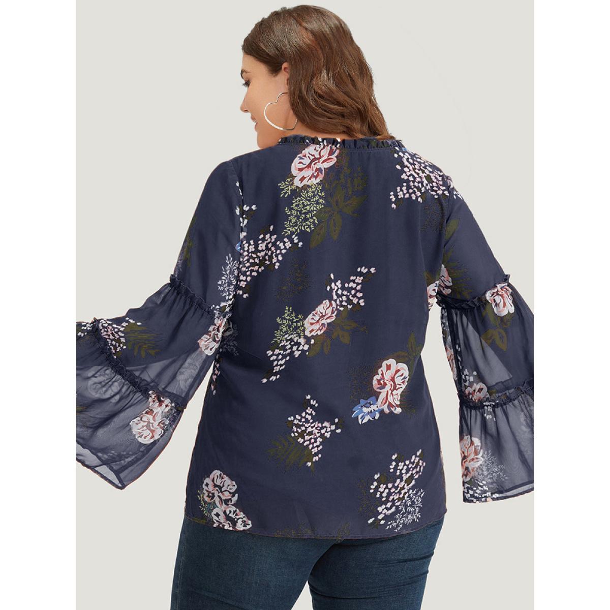 Plus Size Indigo Floral Print Knot Neck Frill Trim Mesh Bell Sleeve Blouse Women Vacation Long Sleeve Tie Neck Dailywear Blouses BloomChic 28/5X Product Image