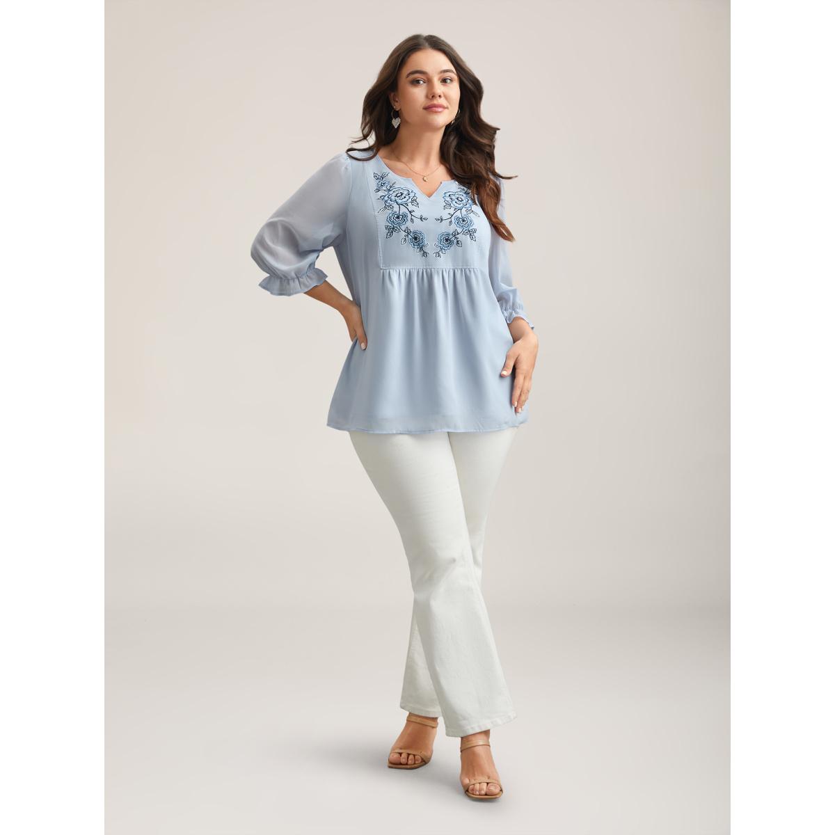 Plus Size LightBlue Chiffon Embroidery Puff Sleeve Pleated Shirt Women Boho Elbow-length sleeve Notched collar Vacation Blouses BloomChic 14-16/1X Product Image