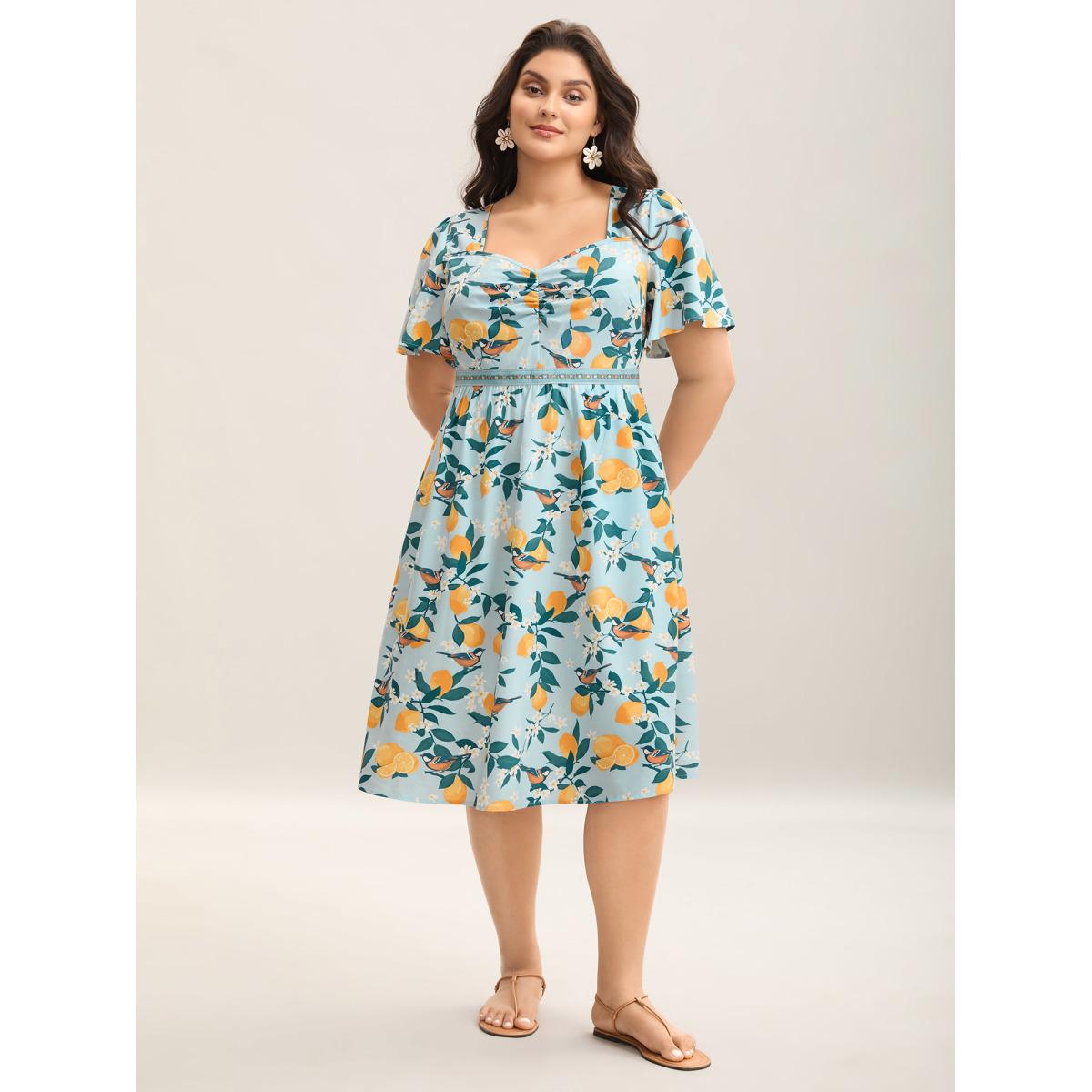 Plus Size Citrus Print Sweetheart Neckline Midi Dress LightBlue Women Gathered Heart neckline Short sleeve Curvy BloomChic 18-20/2X Product Image