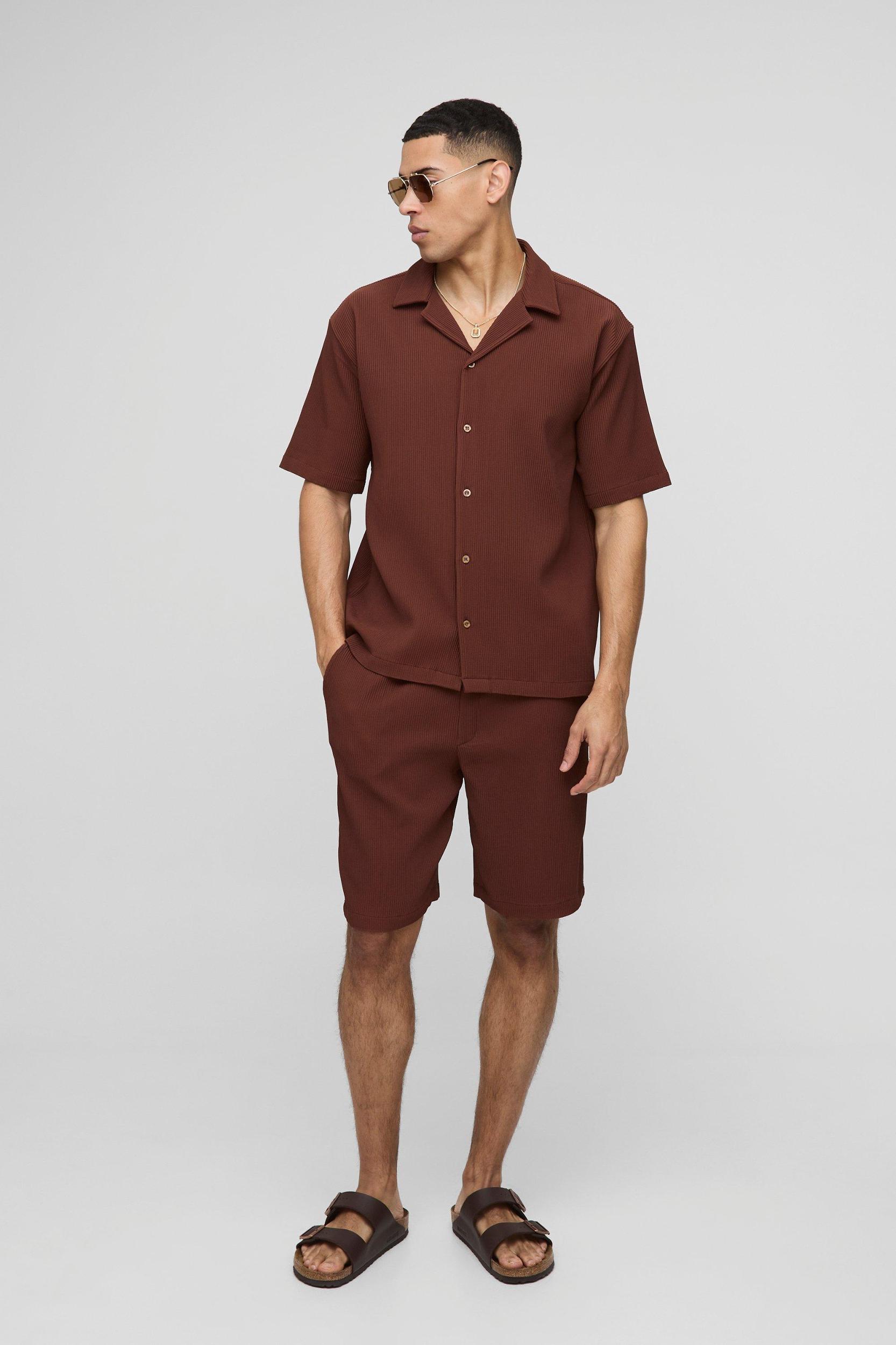 Oversized Revere Pleated Shirt & Short Set | boohooMAN USA Product Image