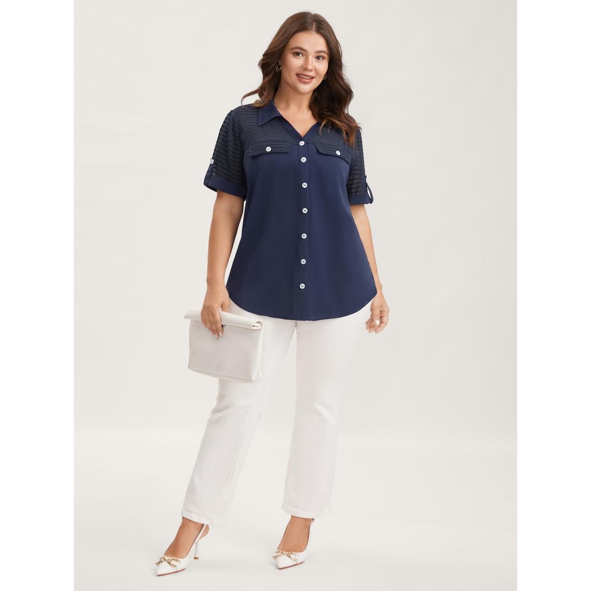 Plus Size Aegean Sheer Neck Collar Tab Sleeve Blouse Women Short sleeve Shirt collar Work Blouses BloomChic 30/6X Product Image