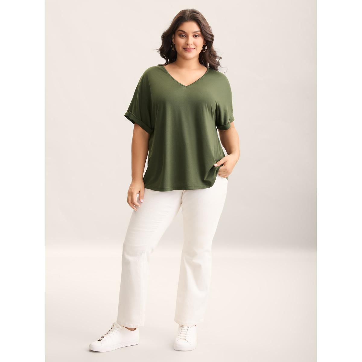 Plus Size Cut-Out Back Detail Plain T-Shirt ArmyGreen Women Roll Hem V-neck Everyday-Casual T-shirts BloomChic 10/M Product Image