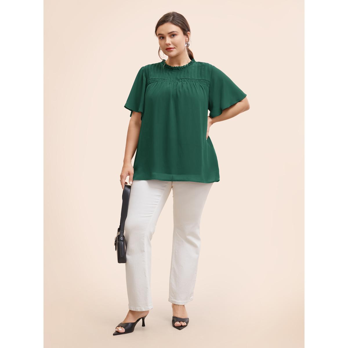 Plus Size DarkGreen Anti-Wrinkle Shirred Ruffle Sleeve Mesh Frill Trim Blouse Women Office Short sleeve Stand-up collar Office Blouses BloomChic 26/4X Product Image