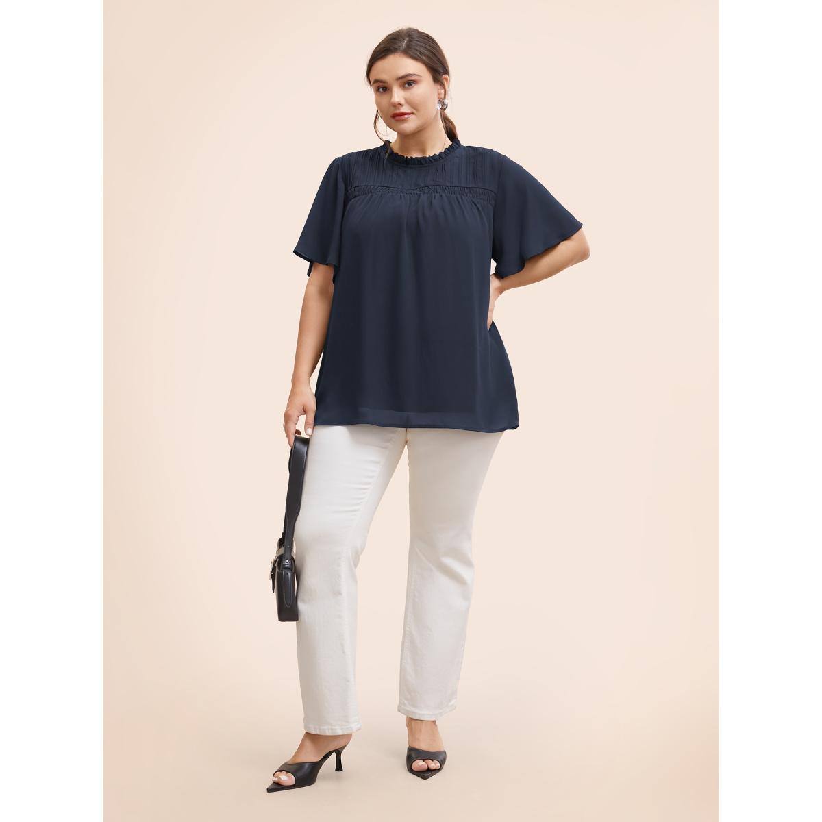 Plus Size DarkGreen Anti-Wrinkle Shirred Ruffle Sleeve Mesh Frill Trim Blouse Women Office Short sleeve Stand-up collar Office Blouses BloomChic 26/4X Product Image