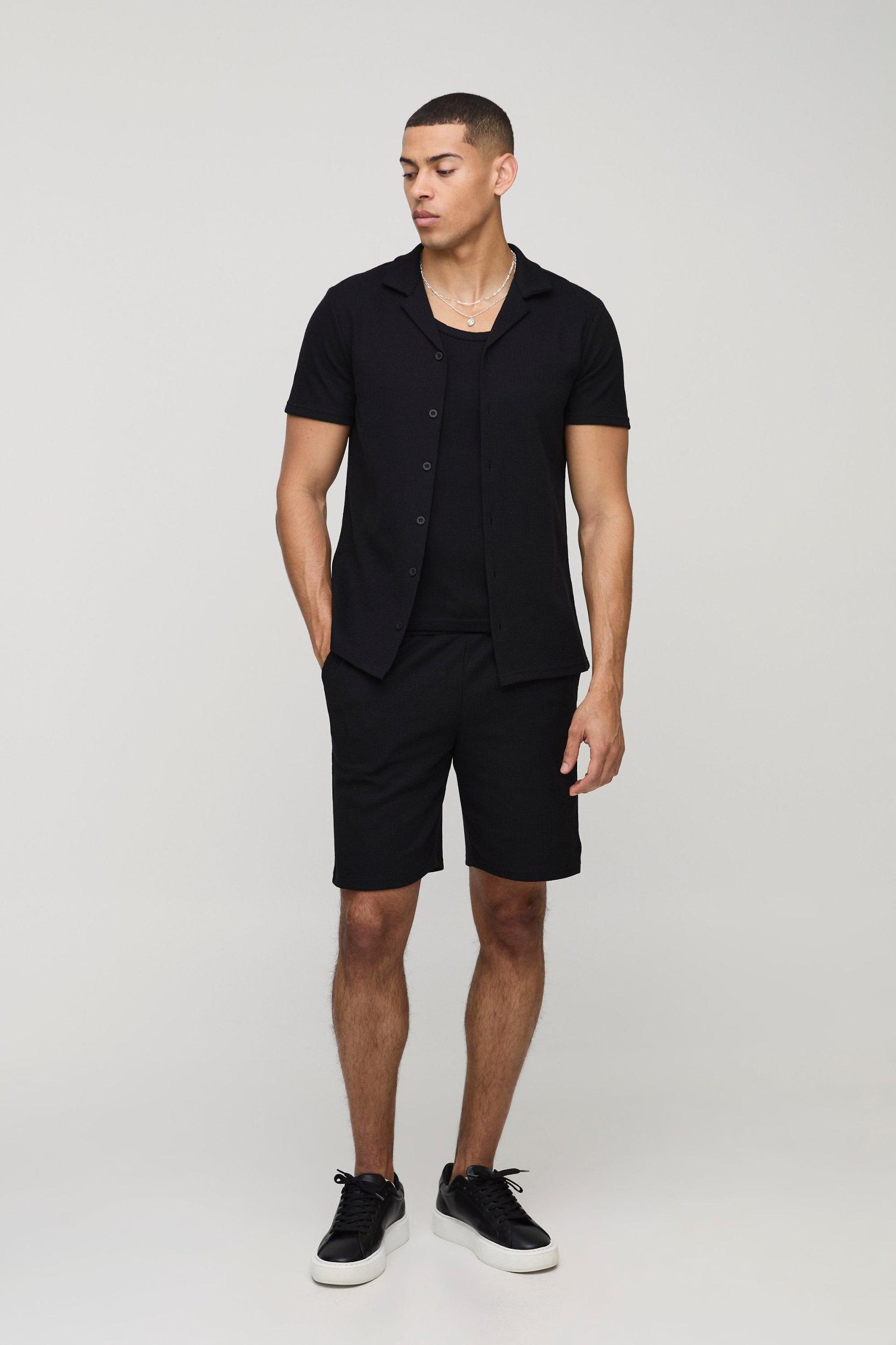Slim Fit Short Sleeve Revere Waffle Shirt & Comfort Short Set | boohooMAN USA Product Image
