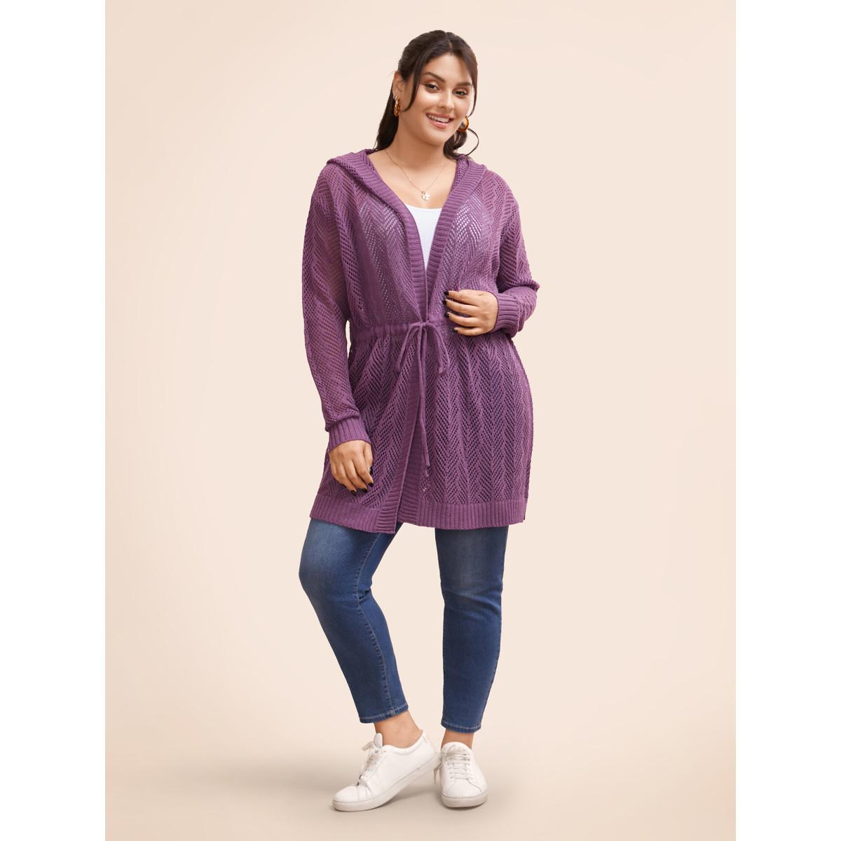Plus Size Plain Hooded Drawstring Drop Shoulder Cardigan Eggplant Women Leisure Loose Long Sleeve Casual Cardigans BloomChic 10/M Product Image