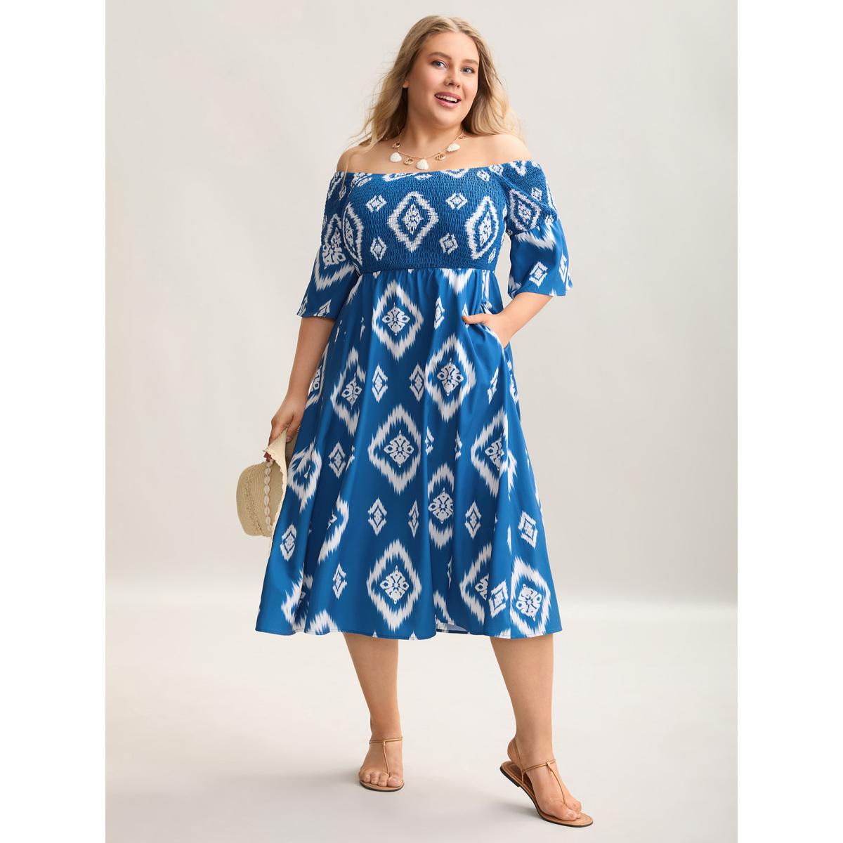 Plus Size Bandana Print Off-Shoulder Pockets Midi Dress Aegean Women Resort Shirred One-shoulder neck Elbow-length sleeve Curvy BloomChic 18-20/2X Product Image