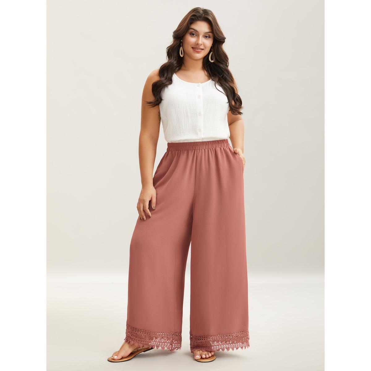 Plus Size Lace Hem Wide-Leg Pocket Pants Women Russet Leisure Wide Leg Mid Rise Casual Pants BloomChic 30/6X Product Image