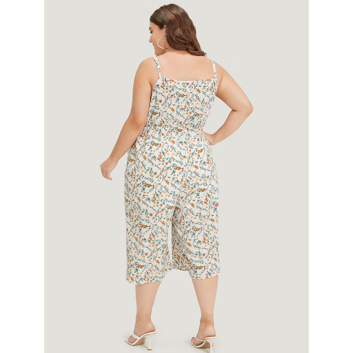 Plus Size White Ditsy Floral Ruffle Trim Pocket Wrap Cami Jumpsuit Women Elegant Sleeveless Spaghetti Strap Dailywear Loose Jumpsuits BloomChic 18-20/2X Product Image