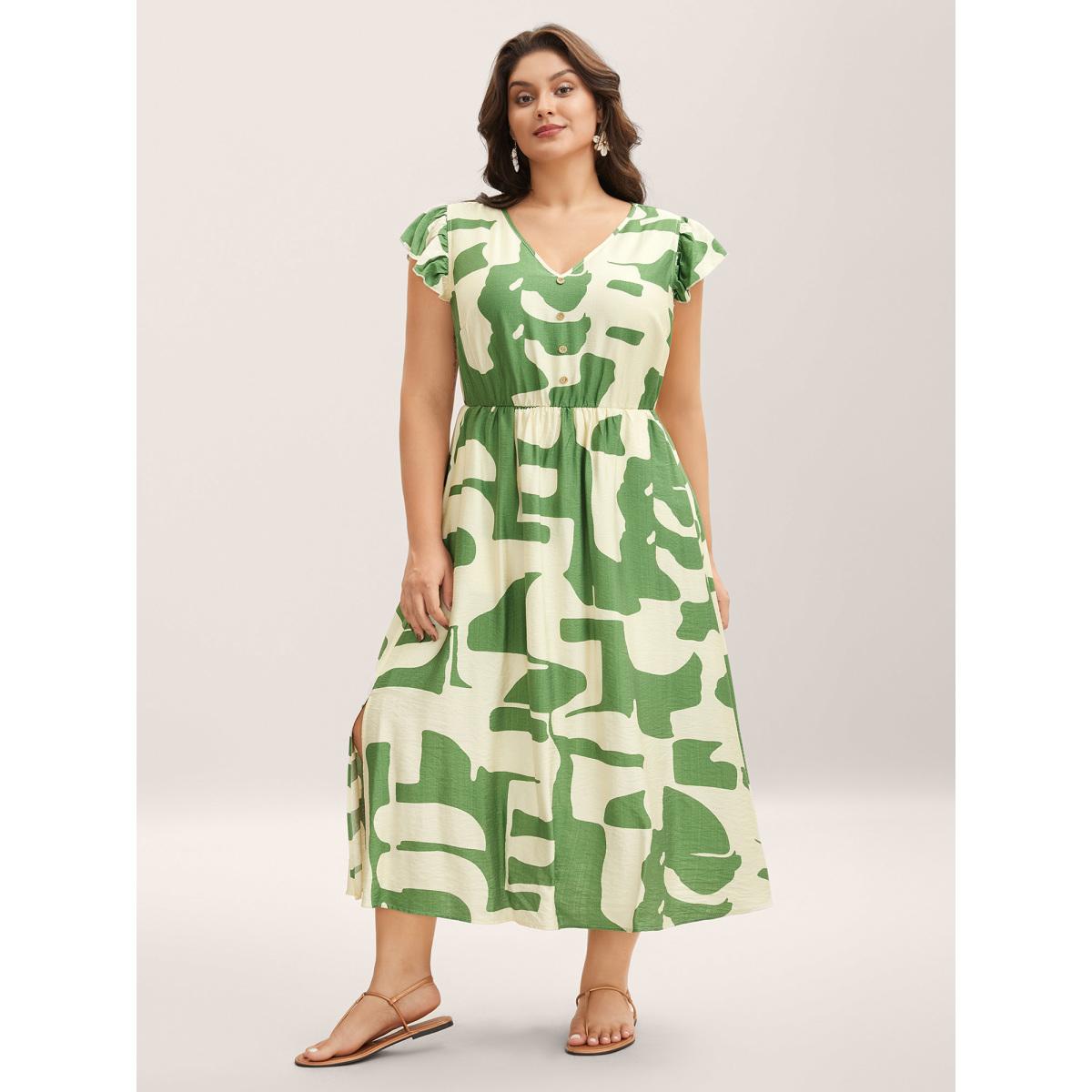 Plus Size Geometric Print Cinched-Waist Button Midi Dress Olive Women V-neck Short sleeve Curvy BloomChic 12/L Product Image