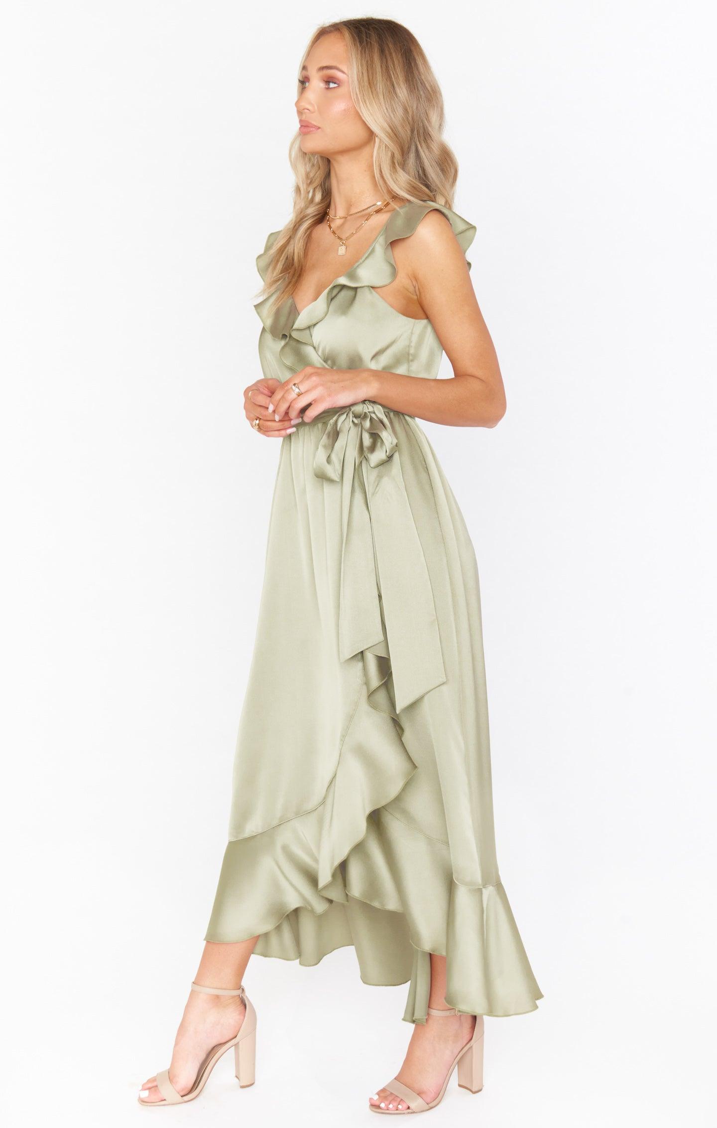 Samantha Ruffle Wrap Dress ~ Moss Green Luxe Satin Product Image
