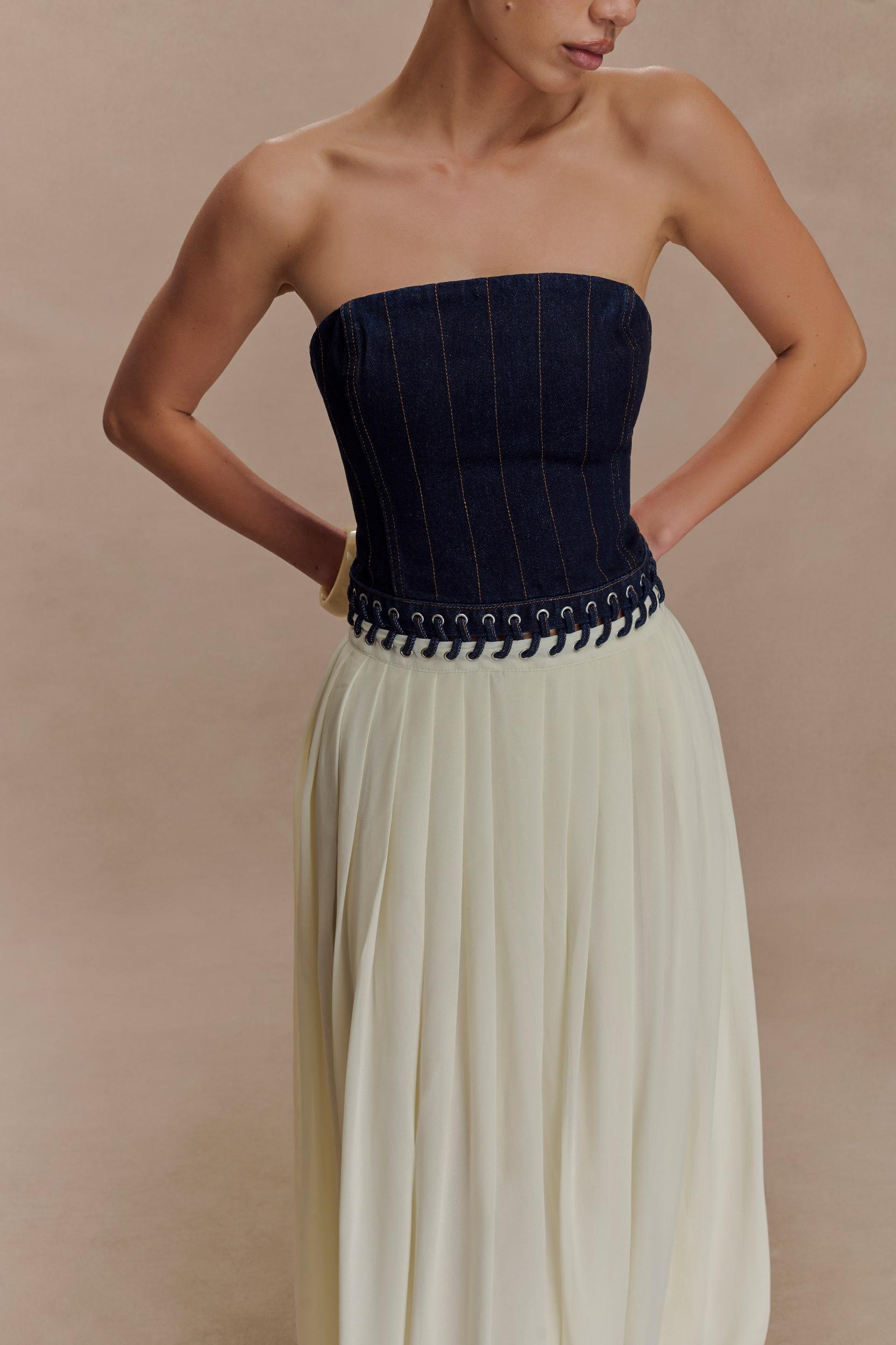 Suella Chiffon Denim Maxi Dress - Indigo Blue Product Image