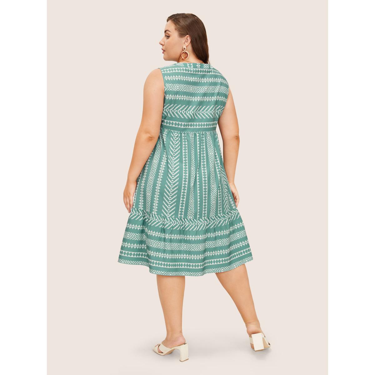 Plus Size Striped Geometric Pocket Ruffle Hem Sleeveless Tank Dress Green Women Casual Non V-neck Sleeveless Curvy BloomChic 26/4X Product Image