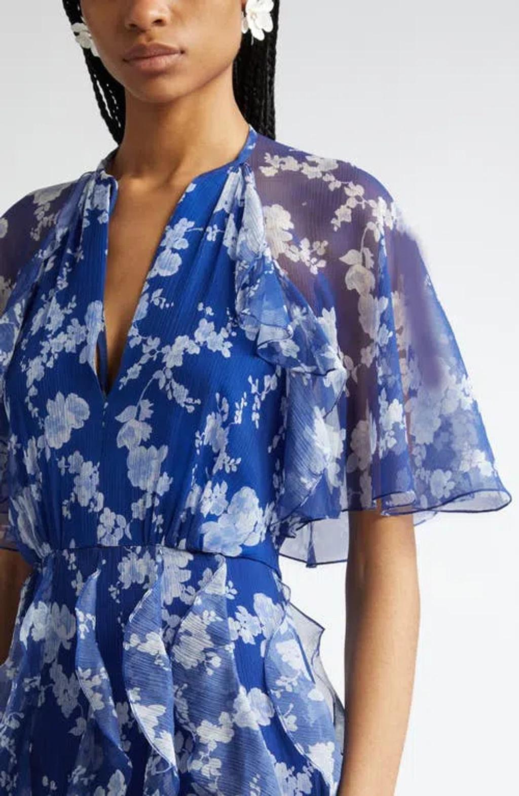 CAROLINA HERRERA Cape-effect Ruffled Floral-print Silk-crepon Midi Dress In Blue Product Image