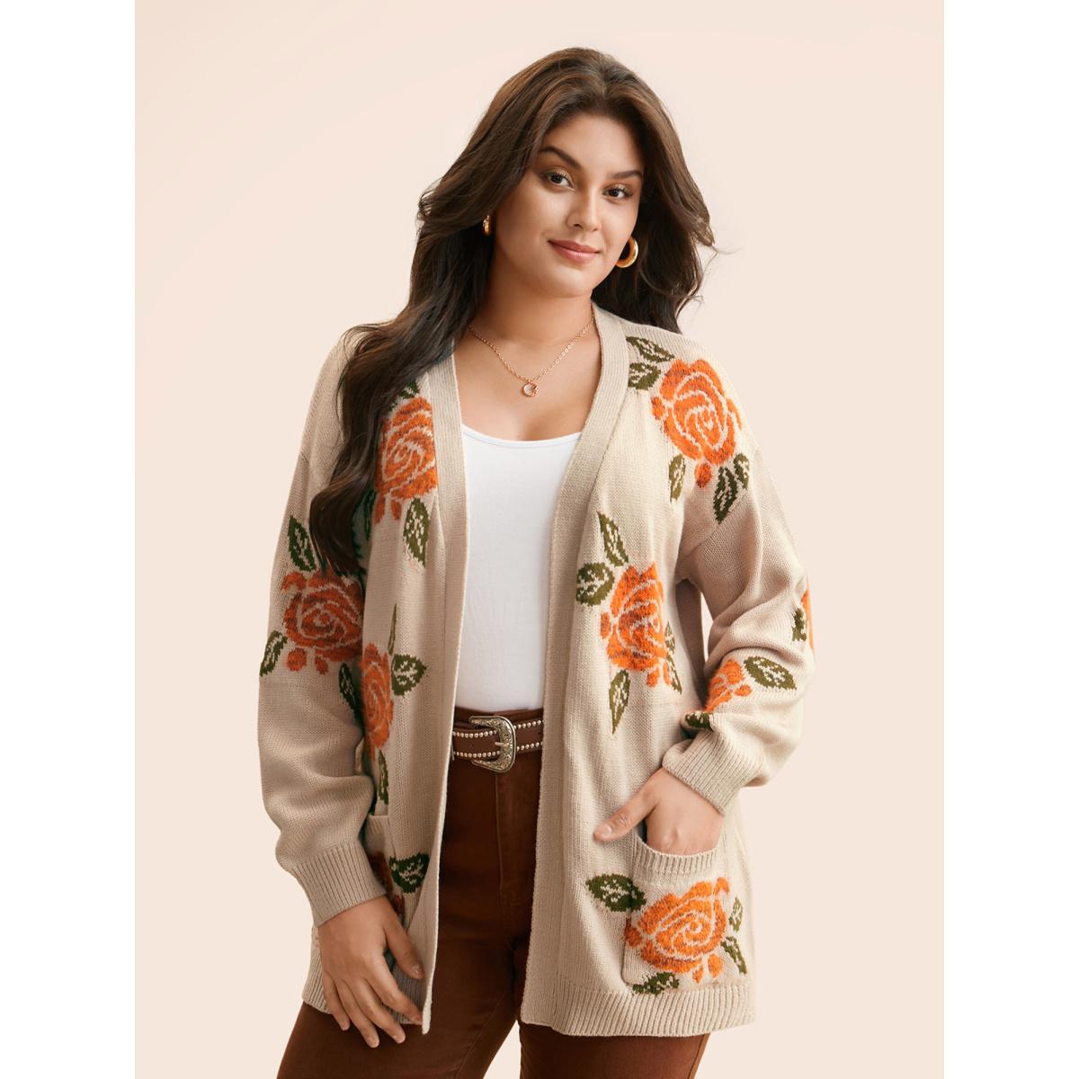 Plus Size Floral Texture Patch Pocket Cardigan LightBrown Women Casual Loose Long Sleeve Everyday Cardigans BloomChic 28/5X Product Image