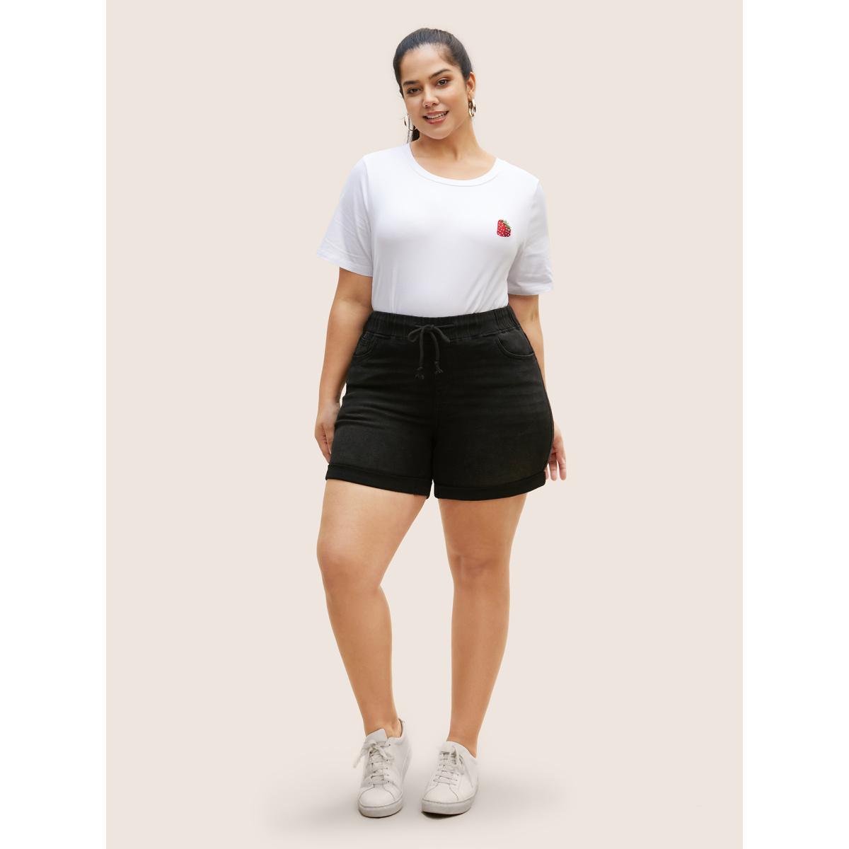 Plus Size Distressed Drawstring Roll Hem Denim Shorts Women Black Drawstring High stretch Casual Slanted pocket Leisure Denim Shorts BloomChic 30/6X Product Image