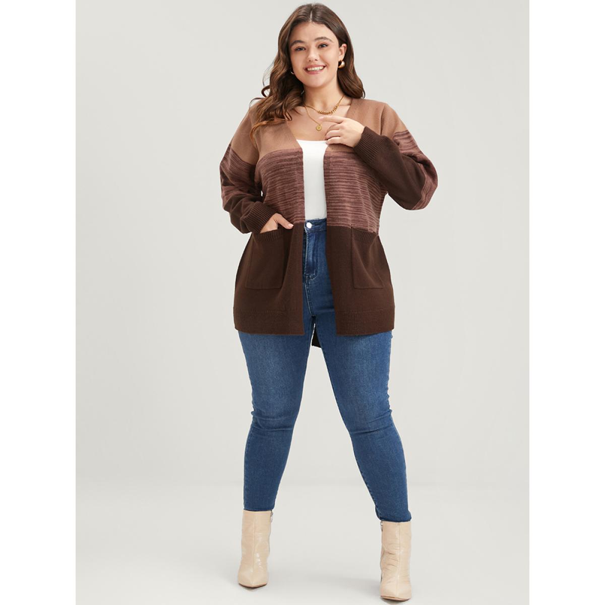 Plus Size Colorblock Contrast Pointelle Knit Pocket Belted Open Front Cardigan Multicolor Women Casual Loose Long Sleeve Dailywear Cardigans BloomChic 12/L Product Image