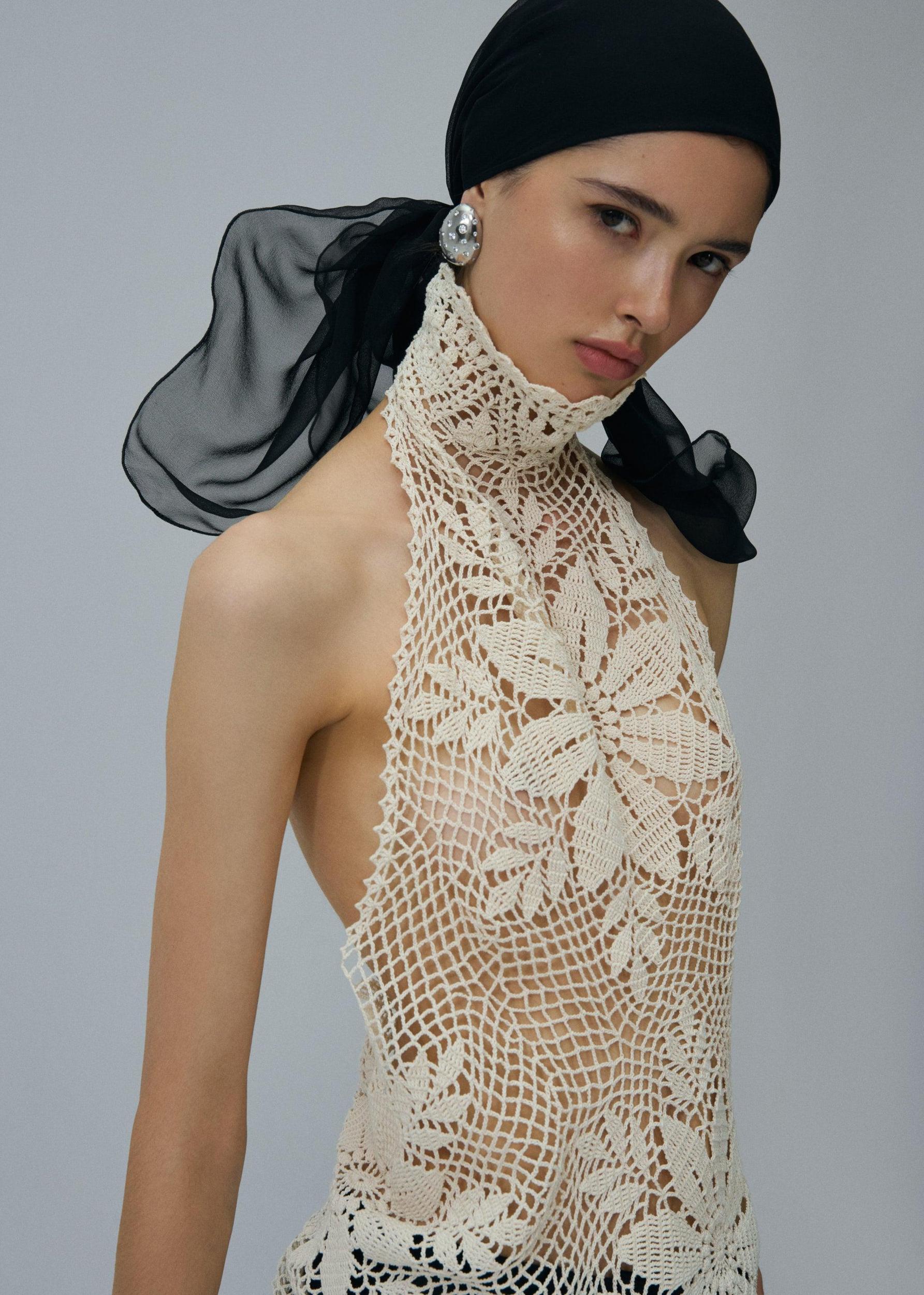 Lace crochet high neck blouse in cream Product Image