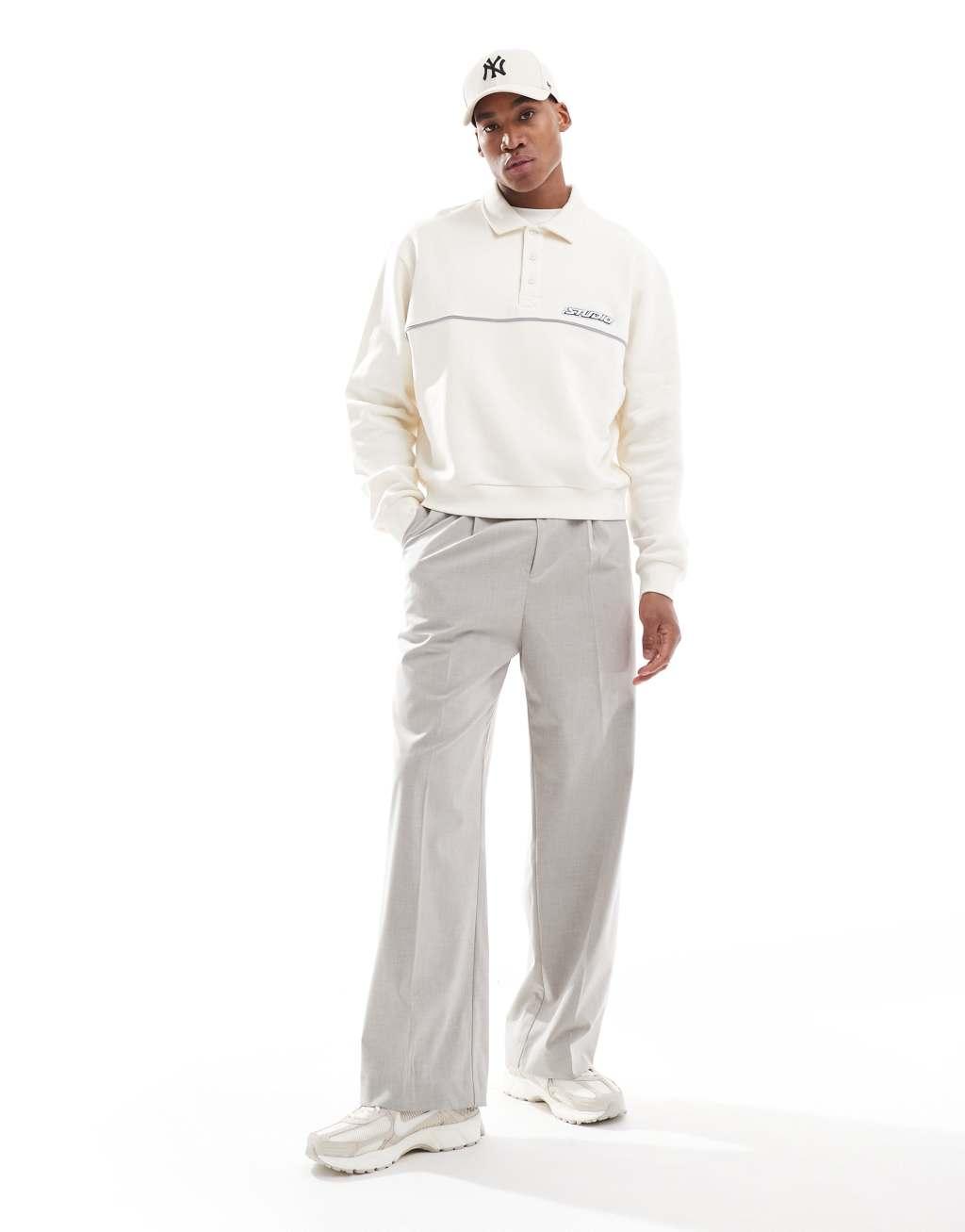 ASOS DESIGN oversized boxy polo with piping and chest print in gray heather Product Image