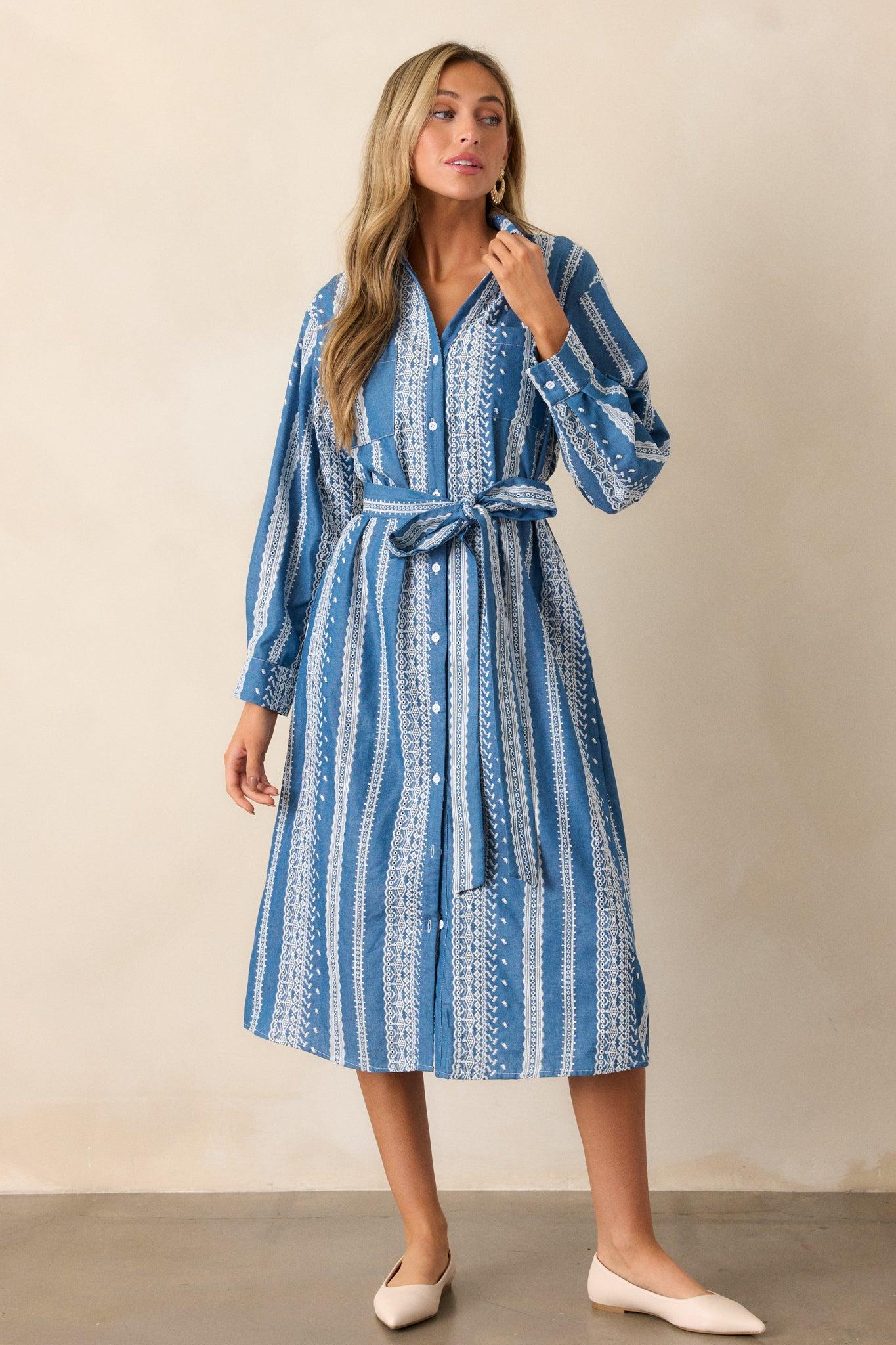 Songs of the Sky Blue Embroidered Midi Shirt Dress Product Image