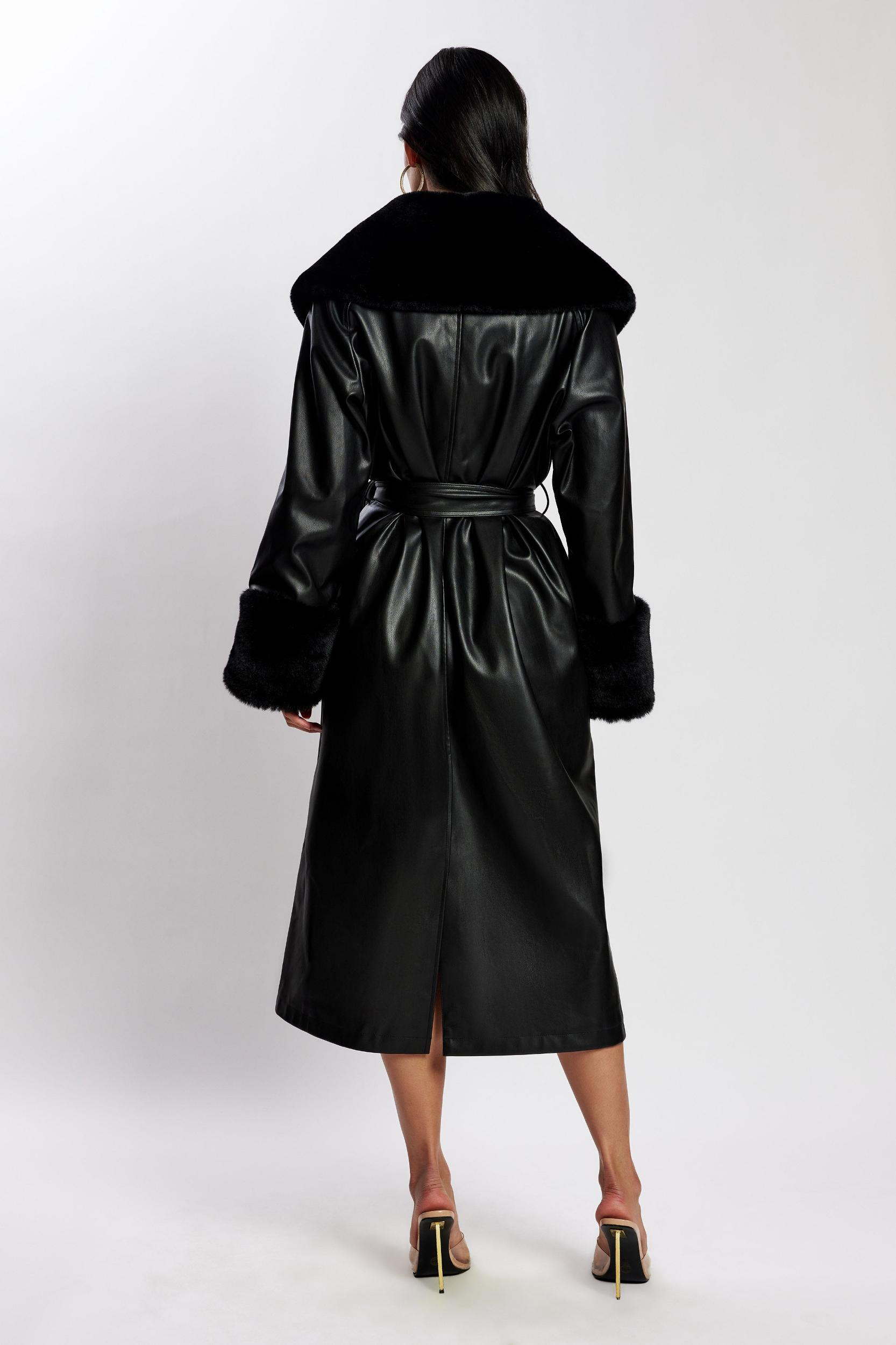 Rebekah Oversized Pu Trench Coat With Fur Trim - Black Product Image
